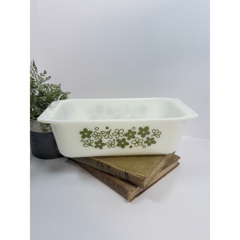 Pyrex Loaf Pan Unisex 1.5 Qt White Excellent Spring Blossom Green 913 Vintage